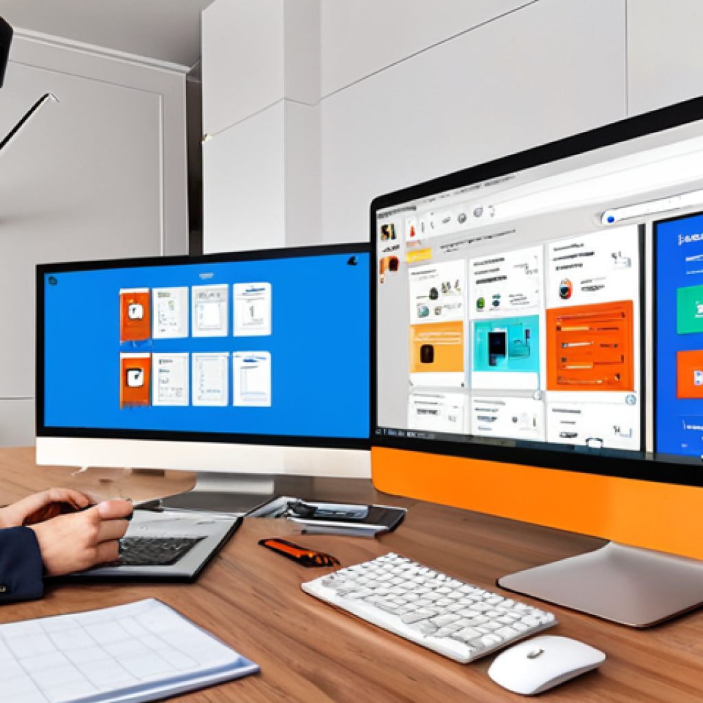 **Automation of Processes with AI**: Create an image depicting a digital workspace where applications like Zapier and Integromat are seamlessly connected. Illustrate various automated tasks being performed, such as social media notifications popping up when a new blog post is published. The scene should convey efficiency and productivity in a modern office environment.