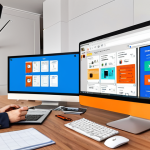 **Automation of Processes with AI**: Create an image depicting a digital workspace where applications like Zapier and Integromat are seamlessly connected. Illustrate various automated tasks being performed, such as social media notifications popping up when a new blog post is published. The scene should convey efficiency and productivity in a modern office environment.