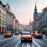 ** A futuristic cityscape dominated by sleek, autonomous vehicles navigating bustling streets, showcasing AI's role in revolutionizing transportation and urban life in a Polish context. Imagine Warsaw or Krakow, but with a distinctly AI-driven feel, reflecting the advancements discussed.

**